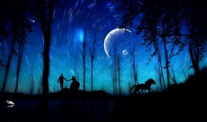 Couple et cheval dans forêt nocturne